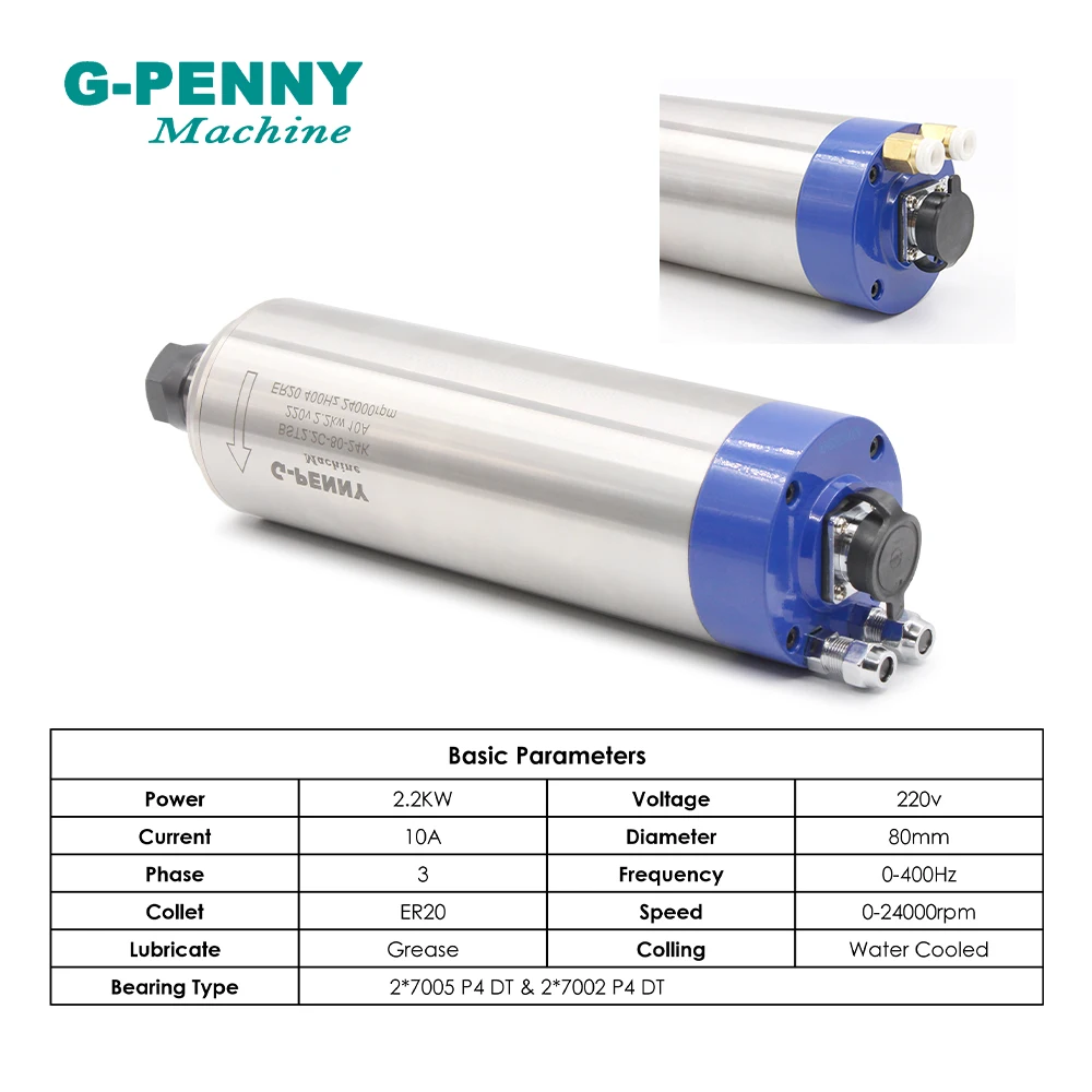 Imagem -03 - G-penny Cnc Motor do Eixo 110v 220v 380v 2.2kw Er20 Refrigerado a Água Peças Rolamentos de Madeira Pedra de Trabalho do Eixo do Motor