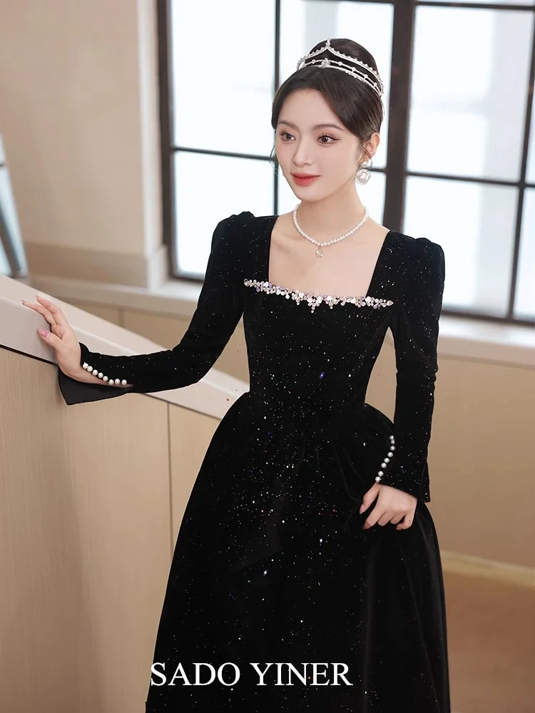 

Вечернее бархатное платье Ele Bla для женщин с пайетками, бальное платье миди, длинный рукав, застежка-молния, для вечеринок