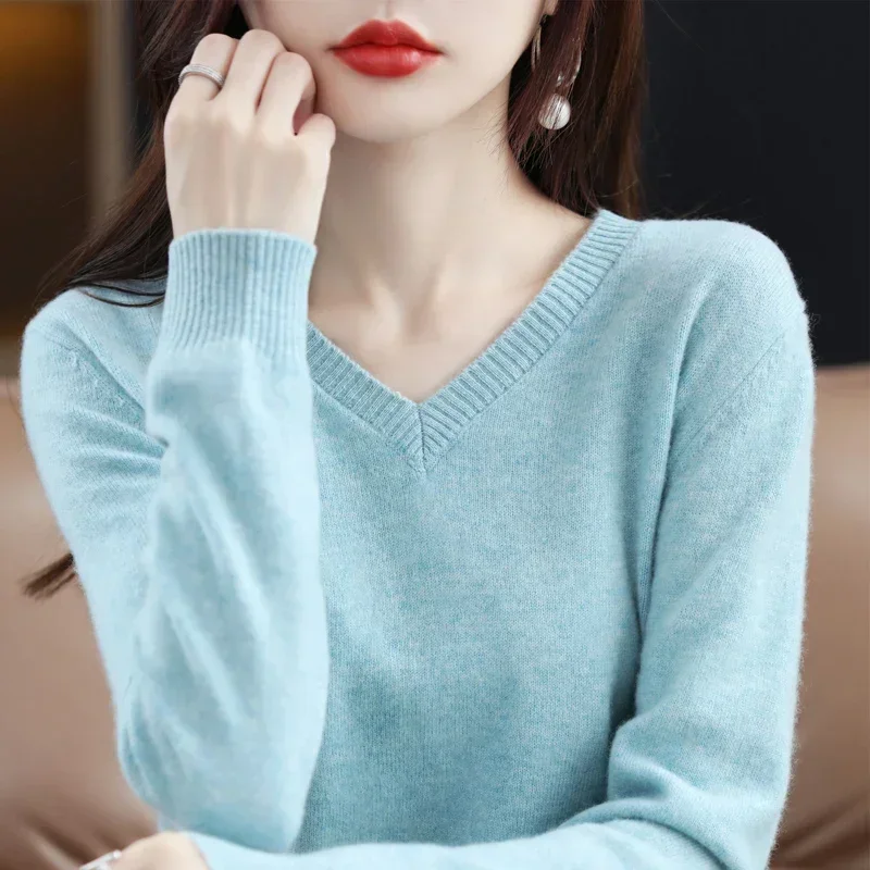 

Pure Wool Cashmere Sweater Women's V-Neck Pullover Casual Knit Top Spring and Autumn Jacket Korean Fashion Jumper N127