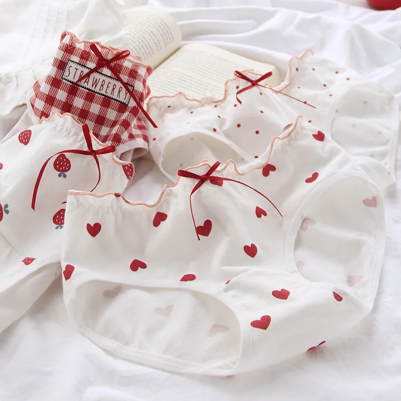 Sweet Cute Heart Strawberry Japanese Style Plaid Cotton Mid Waisted Women Briefs Soft Breathable Lace Trim Bow Ribbon  Panties