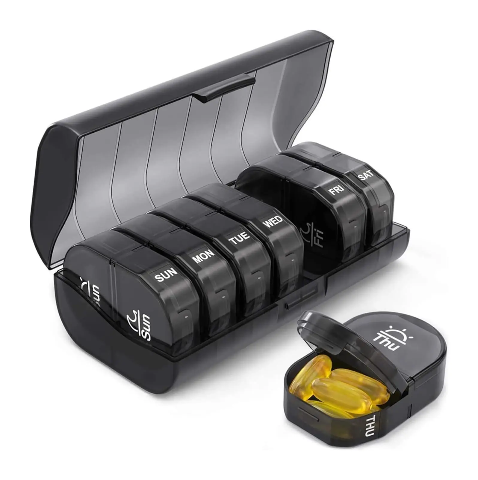 

Портативная черная коробка для таблеток, 7-дневная витаминная таблетка, 14 черных сеток, пластиковый органайзер для хранения, дизайн открытия для путешествий в витамины