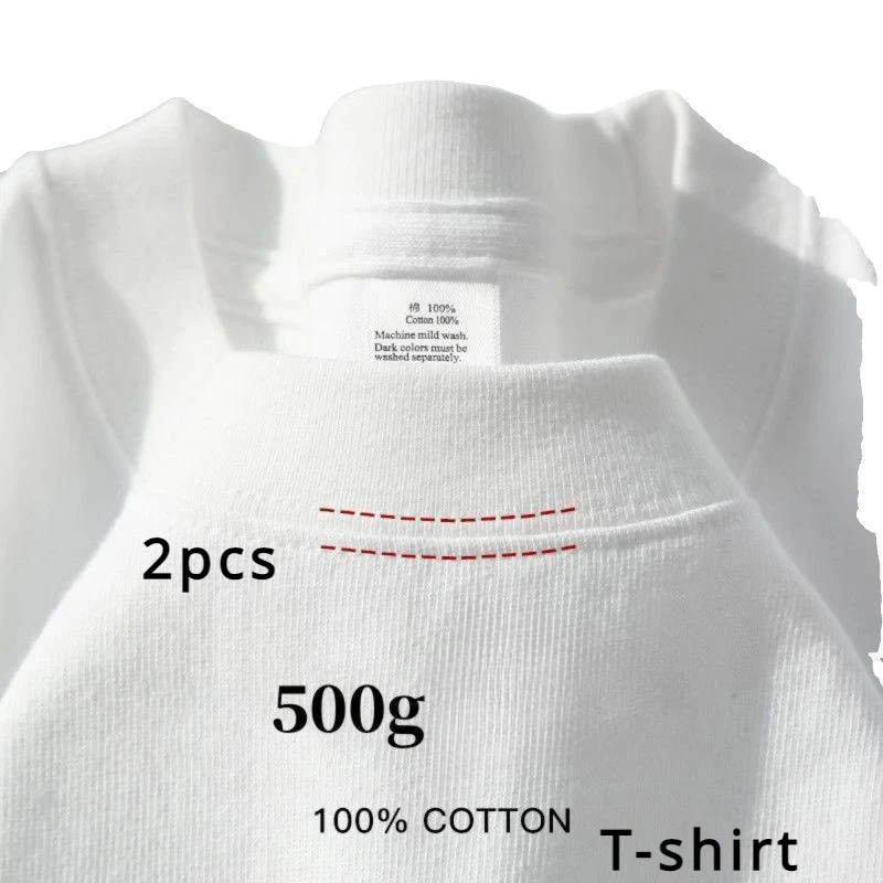 [Two Pack] Heavy Duty Short Sleeved T-shirt for Men's Summer Pure Cotton Thick Small Neckline Pure White Half Sleeves