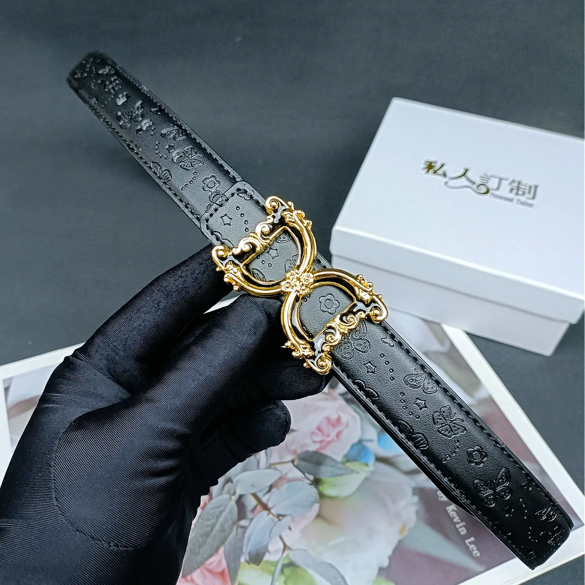 2024 Women's Belt Niche French Two-layer Cowhide Butterfly Pattern Retro Smooth Buckle Belt Casual Trend Versatile Accessories