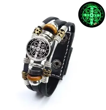 سوار جلدي متعدد الطبقات مع زر تثبيت قابل للتعديل ، ميدالية القديس البندكت المضيئة ، زجاج سان بينيتو ذو القبة ، إكسسوارات دينية