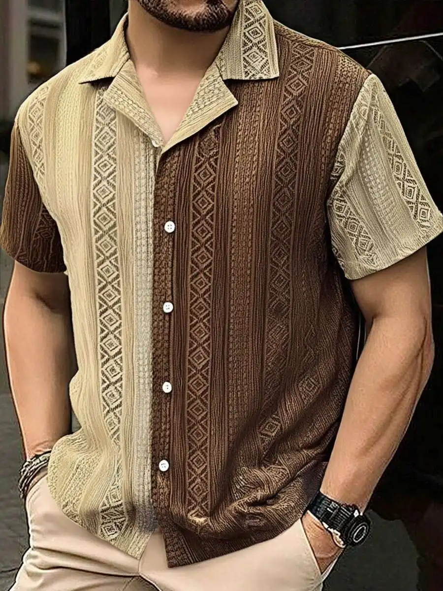 

Men's Ethnic Pattern Short Sleeve Button-Up Shirt, Casual Summer Wear