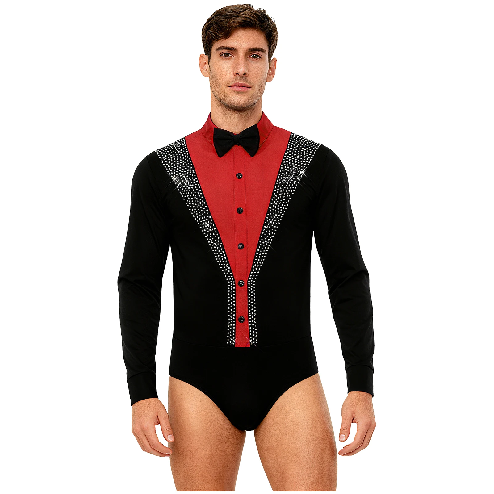 Men Shiny Rhinestones Latin Jazz Ballet Dance Jumpsuit Figure Skating Leotard Long Sleeve Contrast Color Dance Leotards Costume