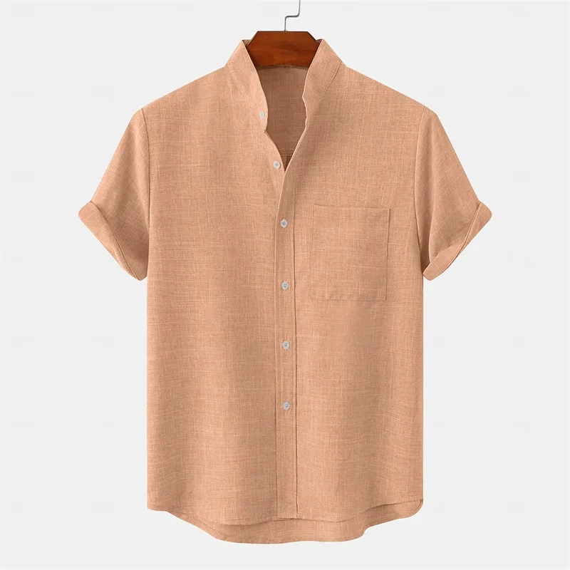 Men's Linen Shirt Stand Collar Shirt Casual Shirt Solid Color Hawaiian Holiday Black White Yellow Pink Clothing Front Pocket