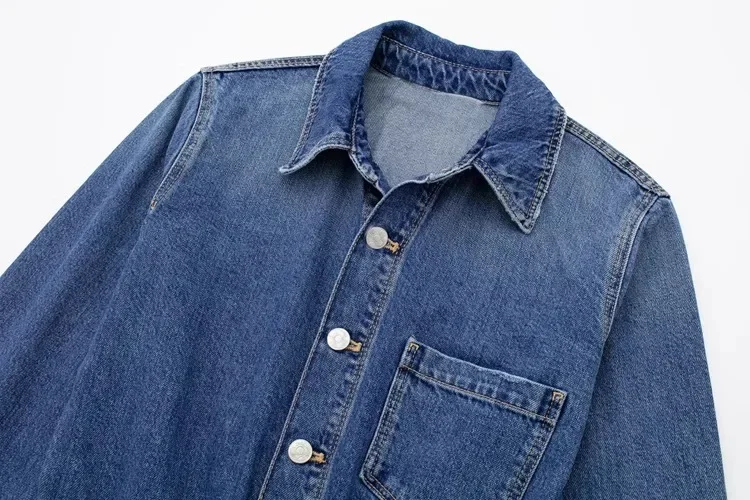 European And American Style Blue Denim High Waisted Jumpsuit Women'S Spring And Autumn Collar Casual Fashion Pants Straight Leg