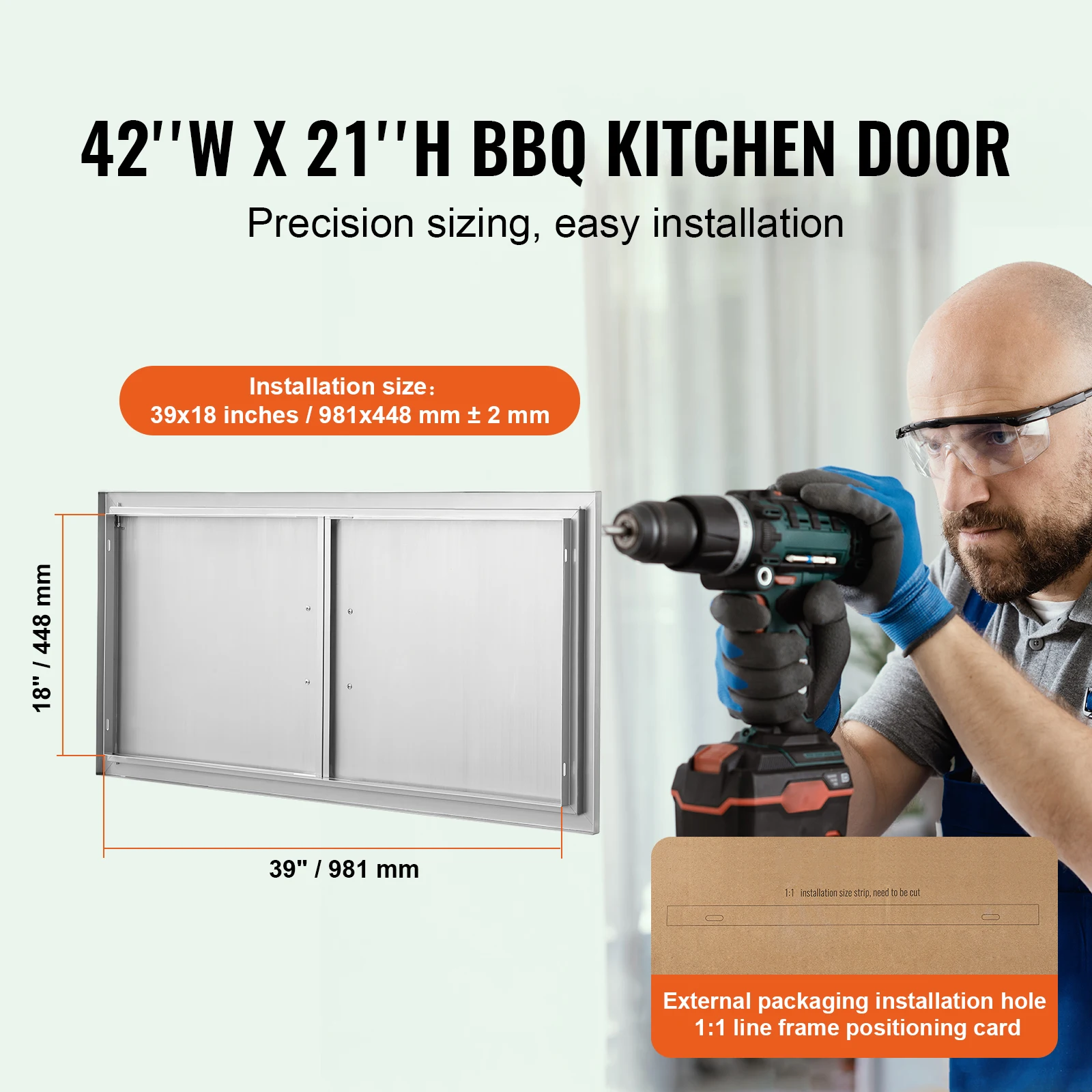 BBQ Access Door, 42W x 21H Inch Double Outdoor Kitchen Door, Stainless Steel Flush Mount Door, Wall Vertical Door with Handles, Grilling Station, Outside Cabinet, Designed for BBQ Island