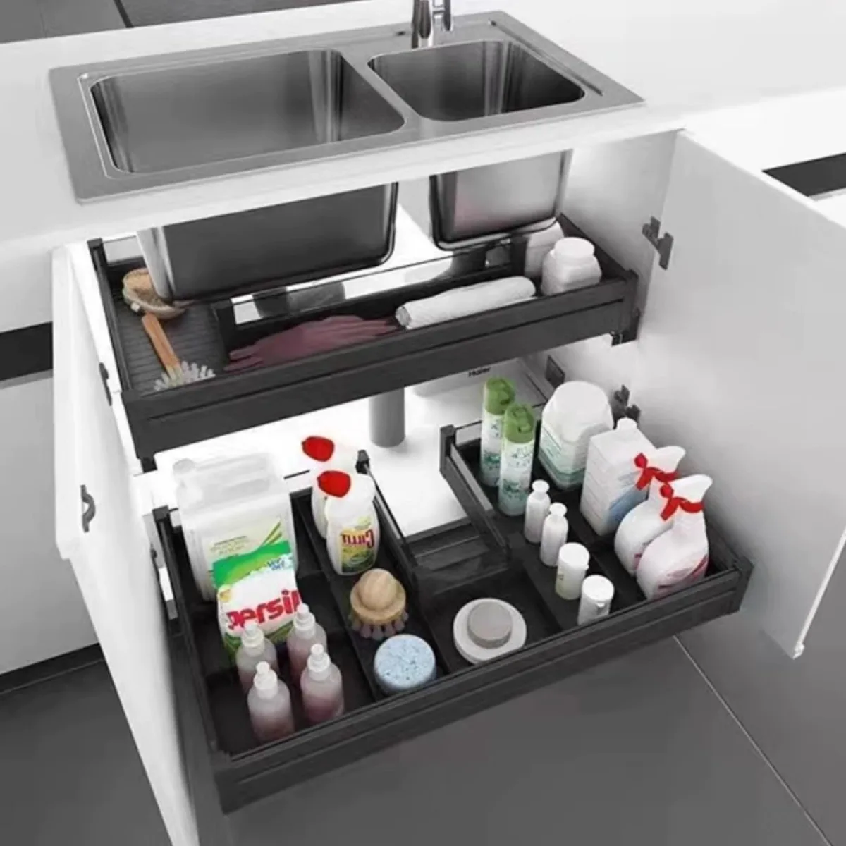Kitchen Cabinet Bathroom Cabinet Sink Drop-down Basket All Aluminum Door Door Drawer Storage Basket U-shaped Sanitary Pull-up