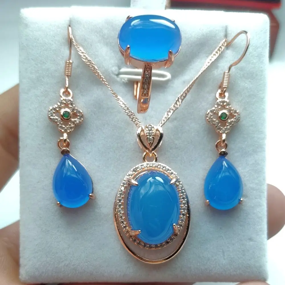 Blue Suits Natural S925 Ice Chalcedony Set Silver Plated Stone Sweet Lady Agate Ring Water Drop Earrings Round Gemstone Pendant