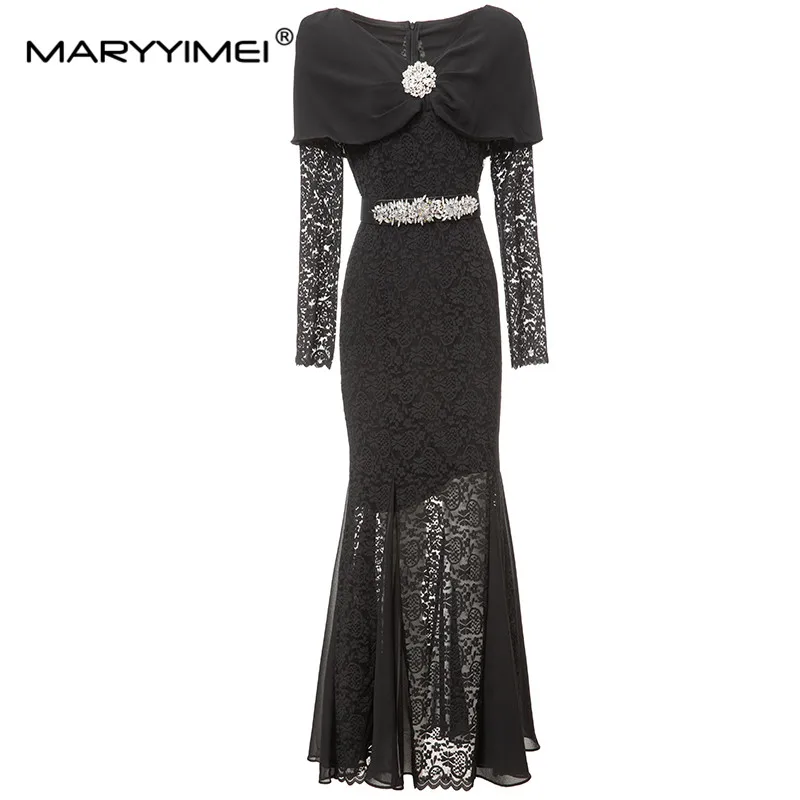 

MARYYIMEI Fashion Women's 2024 Spring New V-Neck Long-Sleeved Light Luxury Lace Patchwork Lace-Up Cloak Hip wrap Fishtail Dress