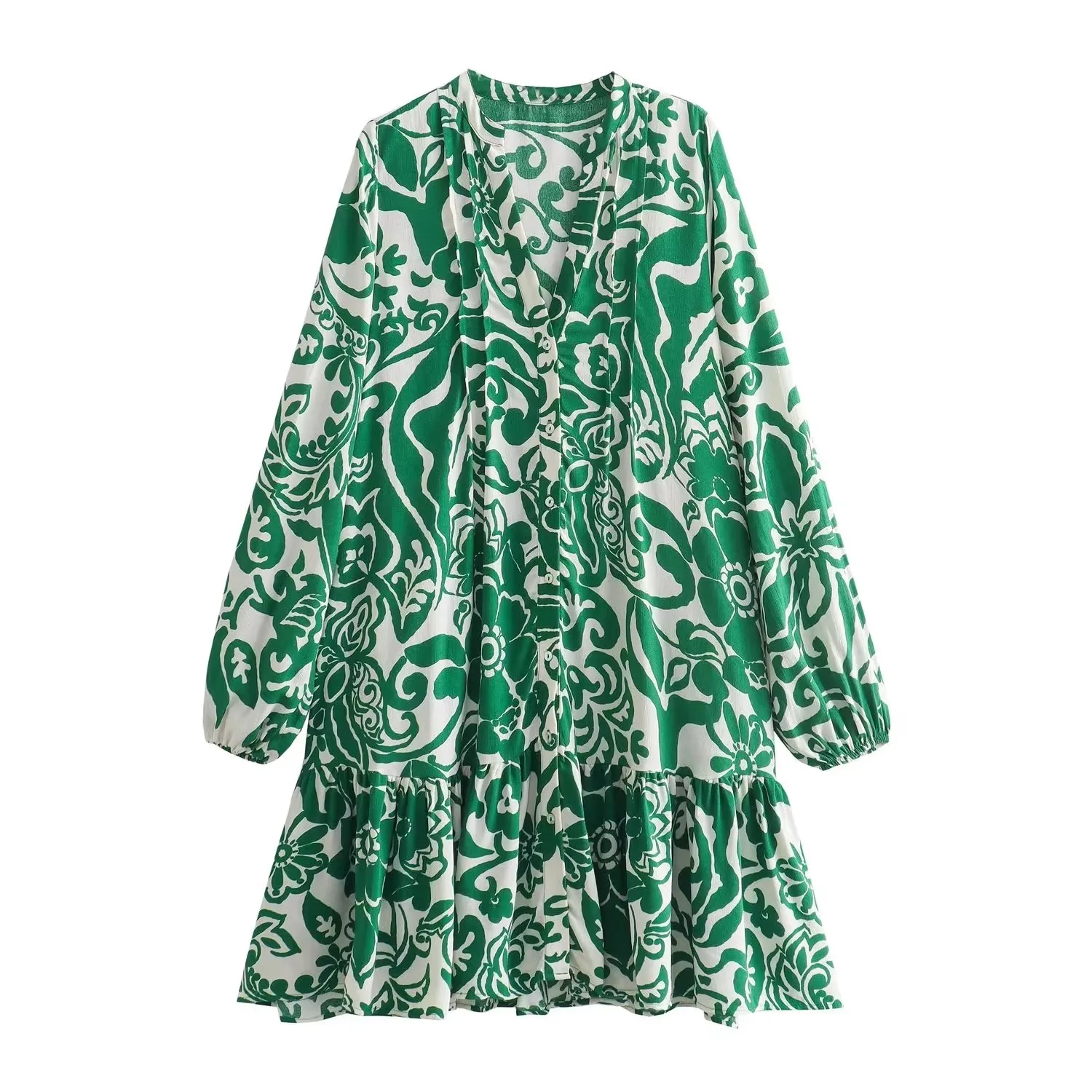 Ele taille haute a-ligne Dr een imprimé fleuri V-Ne boutonné multicouche blanc Bot Long Sve printemps été