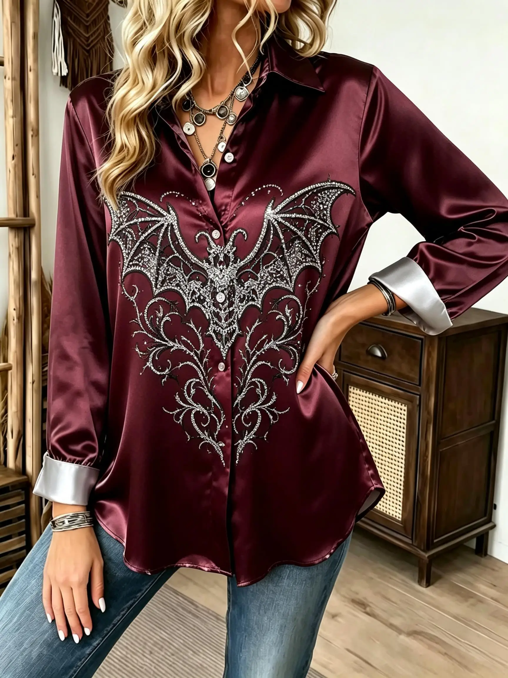 Women Lapel Collar Long Sleeve Button Down Shirt Halloween Rhinestone‑Effect Skull Bat Ornate Scroll Graphic Print Tops
