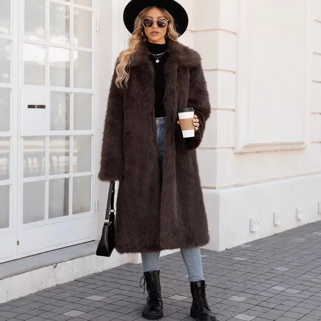 

Female Long Faxu Fur Coat Vintage Brown Women's Long Fur Jacket Turn Down Collar Lady Artificial Fur Outwear Winter Fluffy Hair
