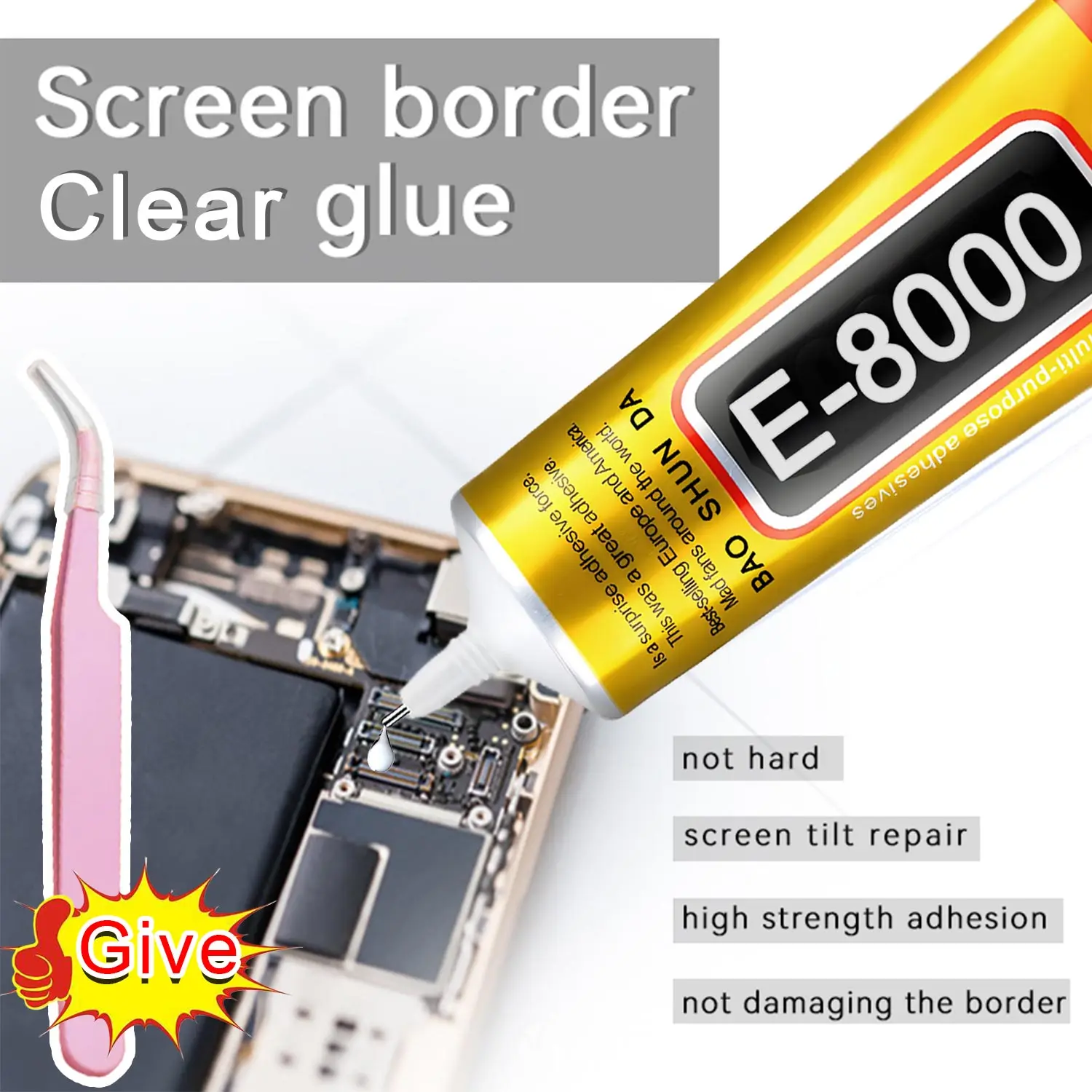 

E8000 Мобильный телефон Экран Высокопрочный водонепроницаемый клей, универсальный прозрачный клей для склеивания стекла телефона, быстрый клей E8000, в комплекте с прецизионными пинцетами 15/50/110 мл.