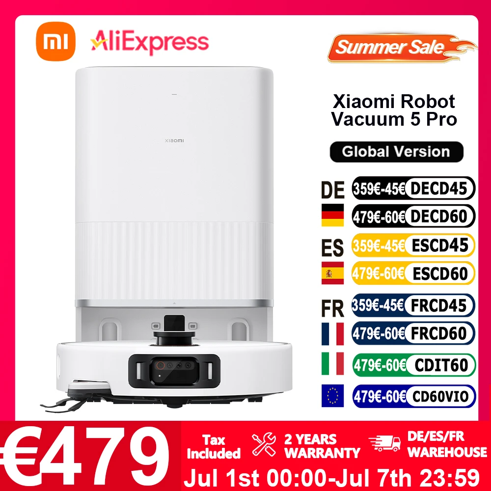 Versión Global Xiaomi Robot Vacuum 5 Pro 20000Pa Succión Sin complicaciones Aspiradora antienredos Estación base autolimpiante Mopand Cepillo lateral Vídeo HD Llamadas unidireccionales Control de voz