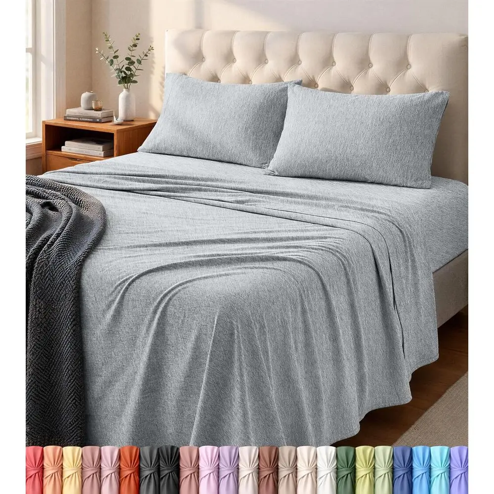 

King Sheet Set - Jersey Knit Sheets 4 Piece – Cotton – Sot T-Shirt Stretchy Sheets (Heather Light Grey)