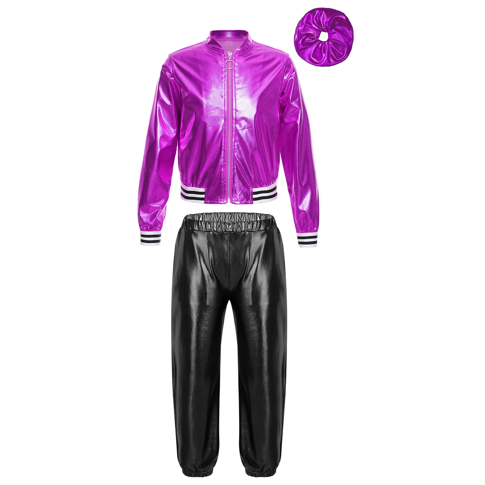 Girls Fashion Dancewear Suits Kids Hip Hop Clothes Long Sleeve Zipper Metallic Jacket with Pants Children Jazz Dance Costume