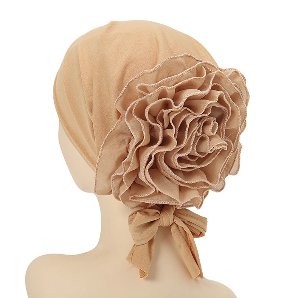 Women Big Floral Lace Turban Hat India Cap Muslim Hats Hairnet Chemo Cap Flower Bonnet Beanie Pure Color Muslim Hair Scarf Hat