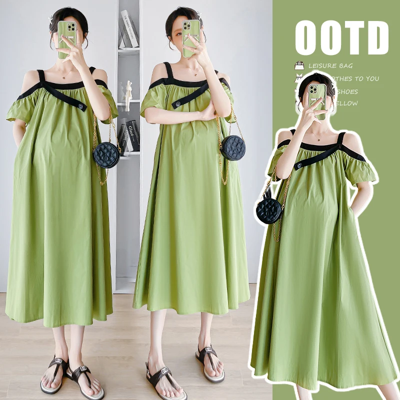 Green Summer Pregnant Woman Dress Shoulderless Square Collar Irregular Maternity Dress Plus Size Pregnancy Holiday Clothes Loose