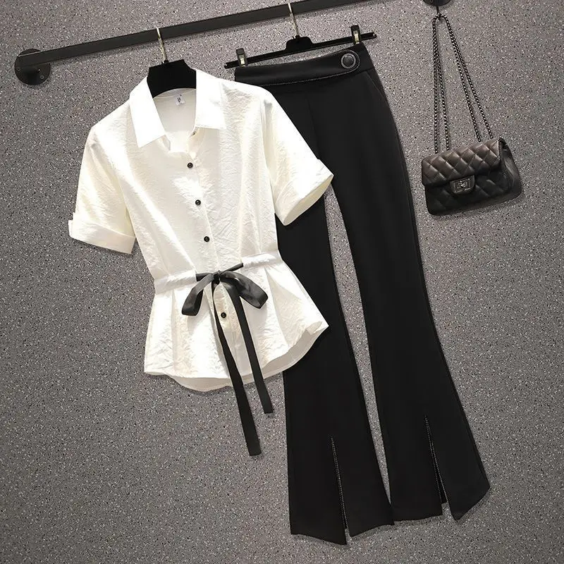 Button Decorative Bow Tie Up Short Sleeve Chiffon Shirt Casual Wide Leg Pants Two Piece Elegant Women\'s Pants Set Office Outfits