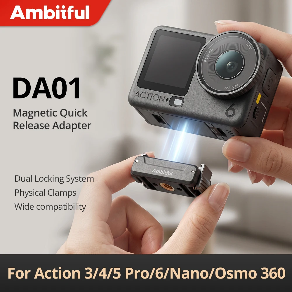 Adaptateur magnétique à dégagement rapide Ambitful DA01 1/4'' avec système de double verrouillage pour DIJ Action 3/4/5pro/6/Nano/Osmo360