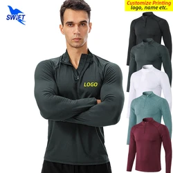 Customize LOGO Men Sports Gym Shirts Half Zipper Long Sleeve Sportswear Tops Fitness Running Training Jogging Workout Sweatshirt