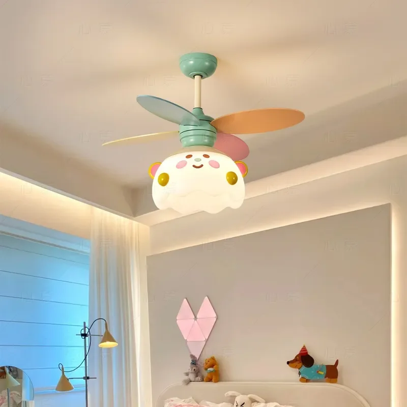 Cute Cartoon Ceiling Fan Light For Kids Room Silent Electric Chandelier Macaron Color Eye Protection Lamp For Boy Girl
