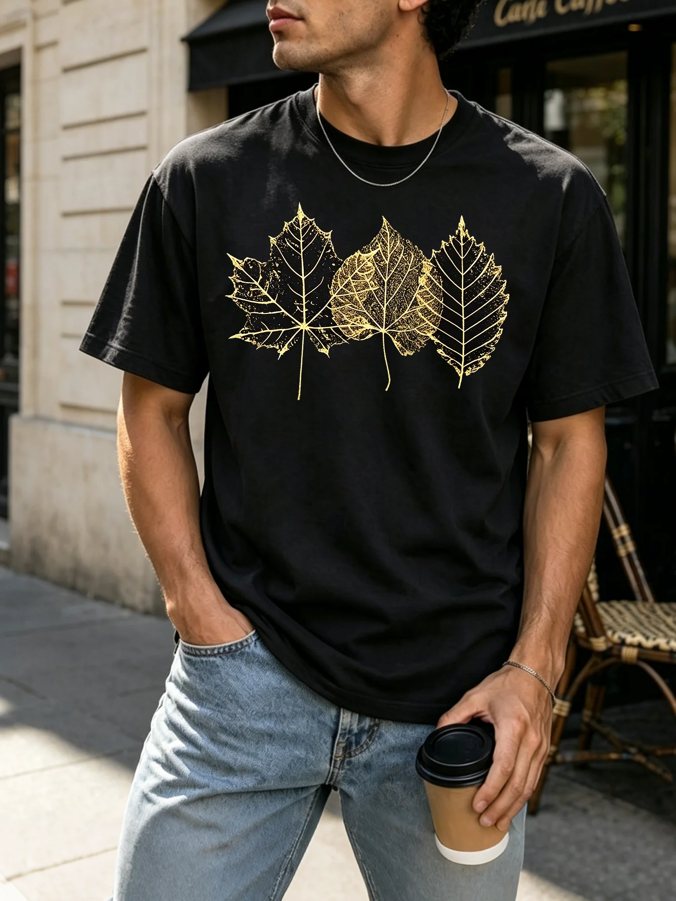 Men's Black Gold Leaf Vein Fall Graphic T-Shirt - Crew Neck Short Sleeve Faith Religious Tee for Halloween Christmas All Seasons Casual Tops