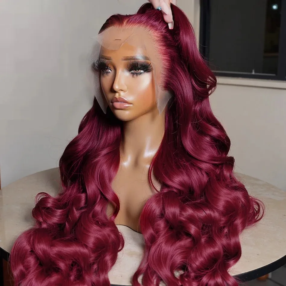 

Человеческие волосы Бордовый 13x4 HD Кружевные фронтальные парики 99J Объемная волна HD Свободная вода 13x4 Кружевная передняя часть Бразильский 30 32 дюйма Винно-красный