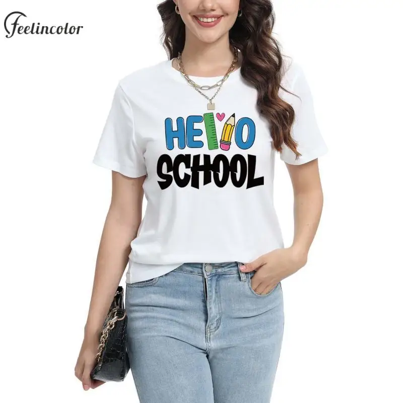 

Hello School Student Summer T-Shirt Casual Regular Graphic Female Tee Shirts Top Woman White Matching Clothing School Gift