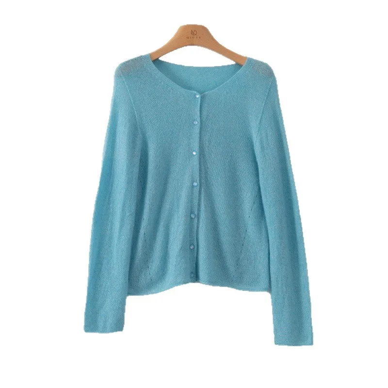 Lässiger Damen-Pullover für den frühen Herbst, neu, 25 % natürliche Maulbeerseide, 75 % Kaschmir-Mischgewebe, gestrickt, einfarbig, hautfreundlich