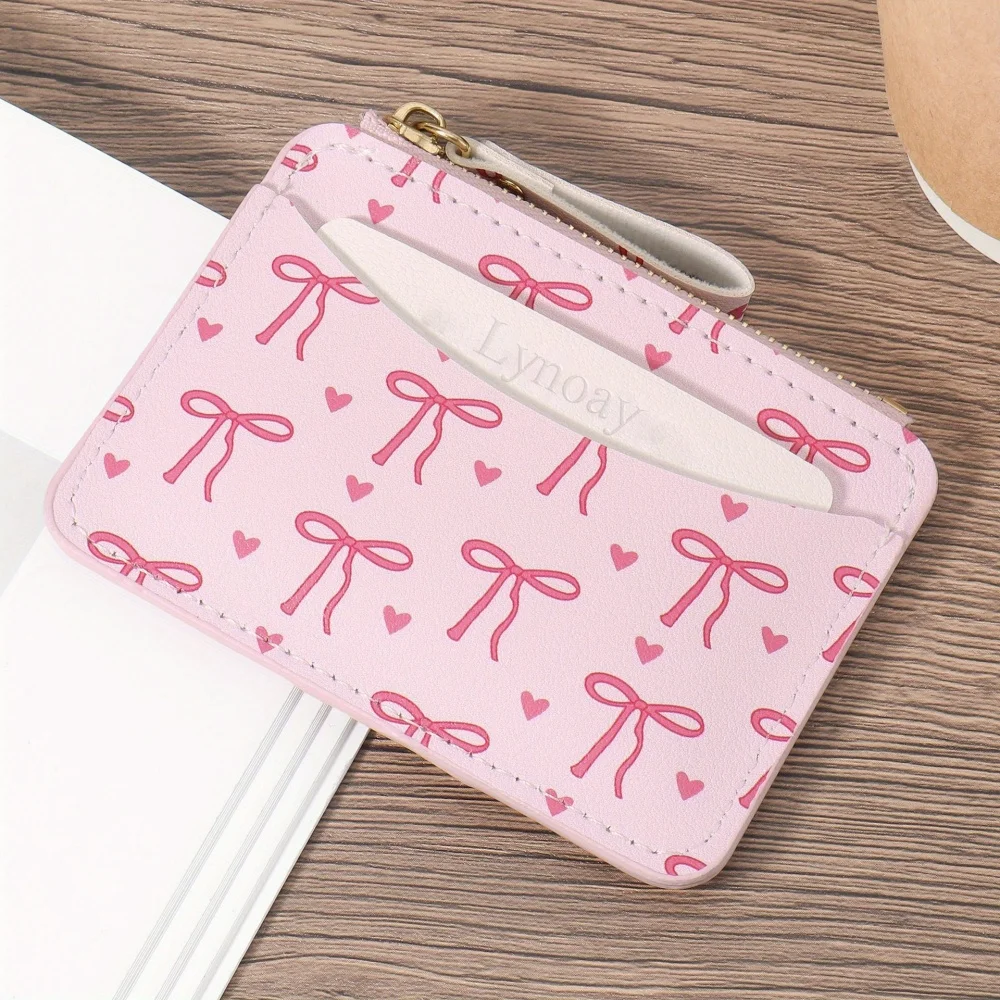 1 PC Ladies Ultra Thin Zipper Wallet Pink Heart Bow Pattern Card Holder Lightweight Daily Card Pouch Zipper Closure Purse