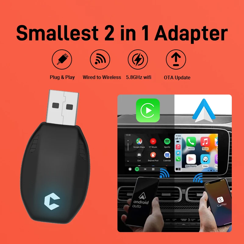 2 in 1 Wireless Carplay Adapter for Apple iOS and Android Auto Smart Box Plug and Play For Volkswagen Toyota Peugeot Volvo Kia