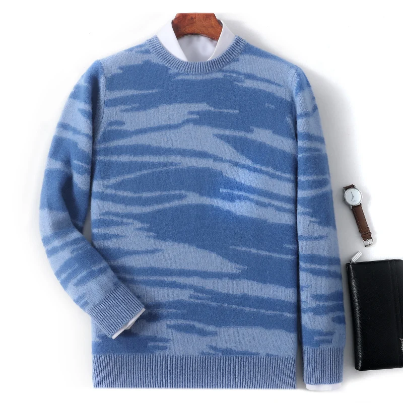 Double Thick 100% Pure Wool Men's Round Neck Long Sleeve Pullover Gradient Contrast Casual Knitted Sweater