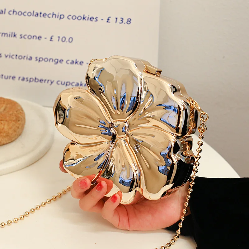 Metallic clutch bag flower shape metal mini women evening party cute shiny purse gold silver 2024 spring new