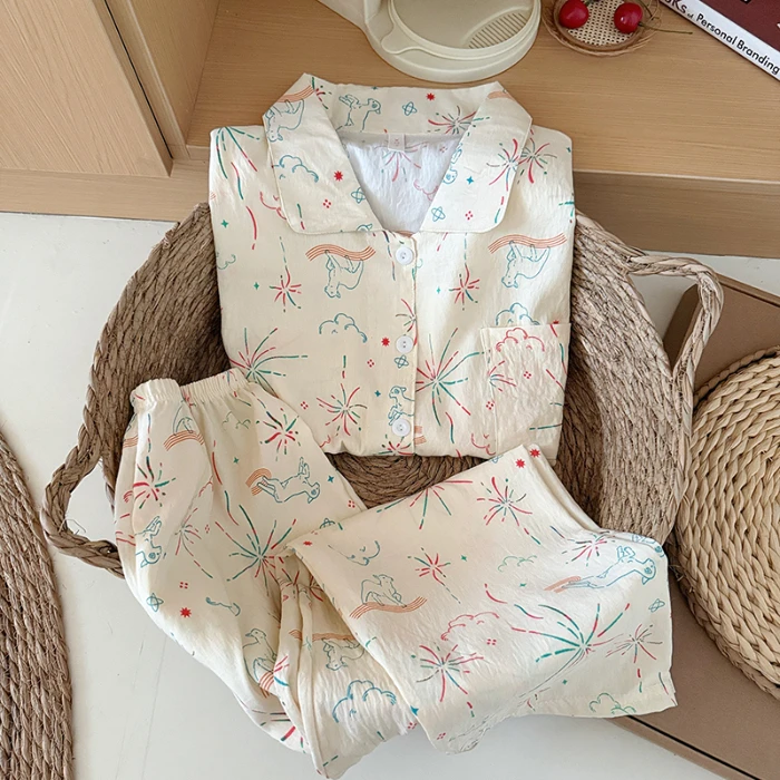 Sweet Cute Goose Print Korean Fashion Women's Pajamas Nightwear Kawaii Casual Lapel Neck Y2K Pajamas Set Autumn New Loungewear, image 9
