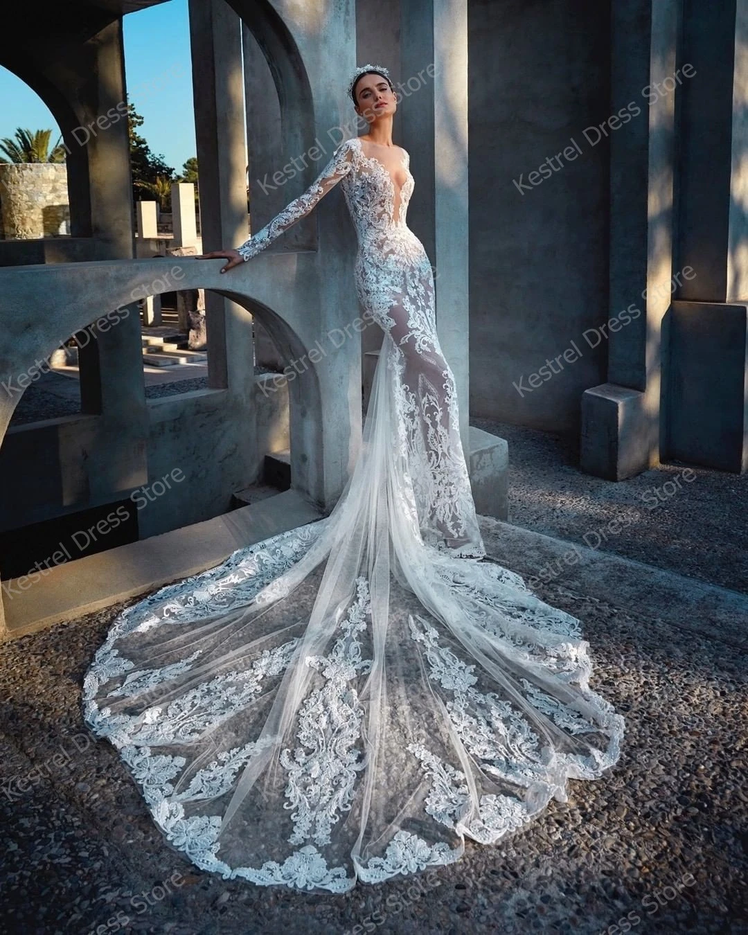 Vestido de novia de sirena con apliques de encaje bohemio, vestidos de espalda hechos a medida, vestidos de manga larga, vestidos de novia de playa