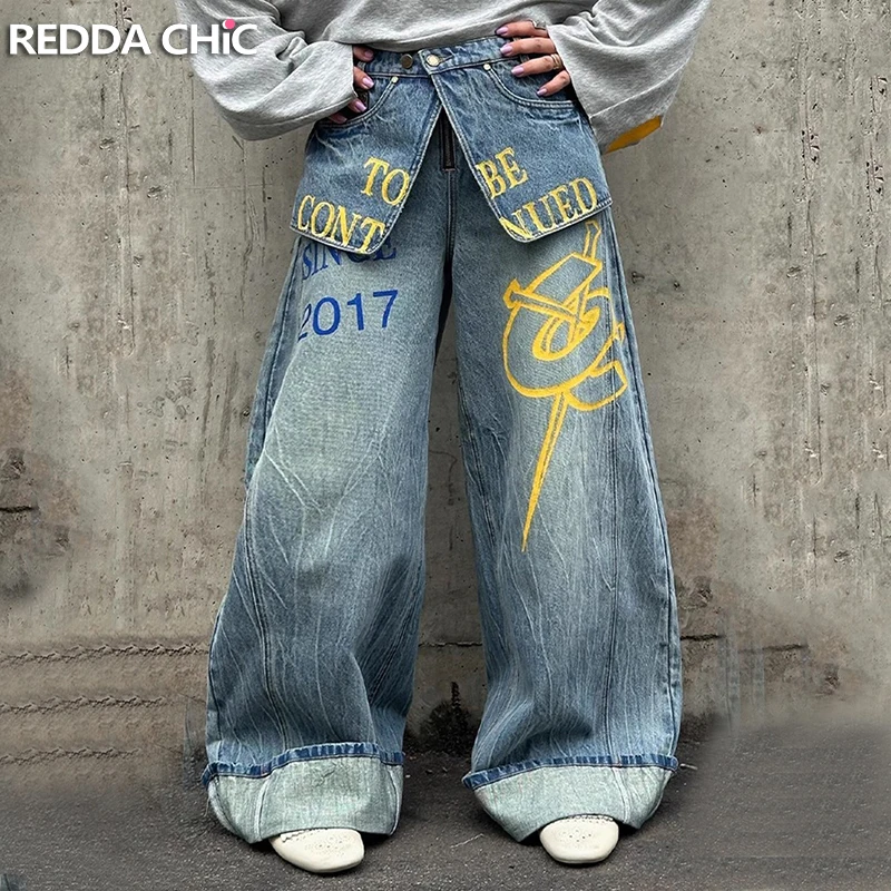 

REDDACHIC Men Graphic Print Baggy Jeans Pockets Do Old Washed Fake Two-Piece Wide Leg Denim Pants Y2k Retro Casual Streetwear