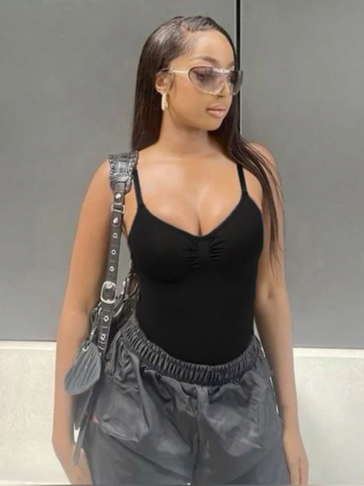 Women's Sleeveless Skinny Shirring Bodysuit Black Spaghetti Strap Solid Simple Basic Sexy Camisole for Vacation