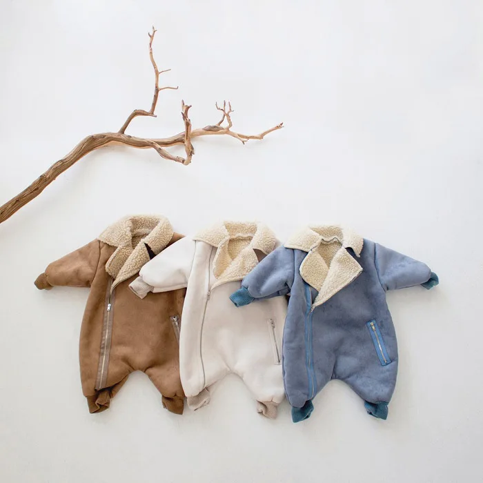 Baby Children\'s Winter One Piece Cashmere Creeper Thickened Jumpsuit Lapel Baby Lamb Cashmere Creeper