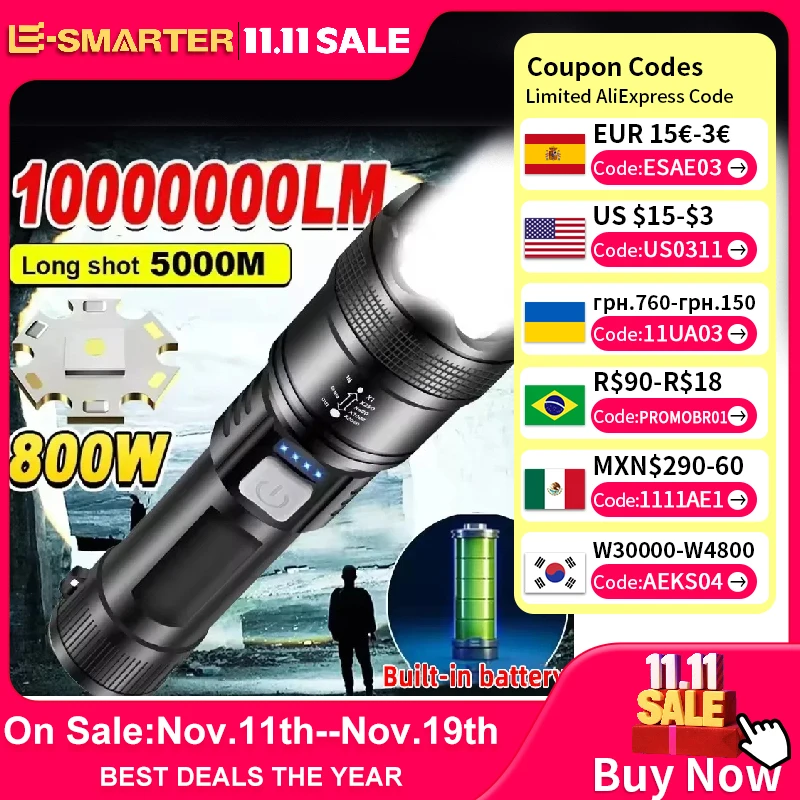 Latarka taktyczna o ultra wysokiej jasności 5000LM, wbudowany akumulator, mocna latarka LED P70, reflektor awaryjny, latarka z zoomem teleskopowym.