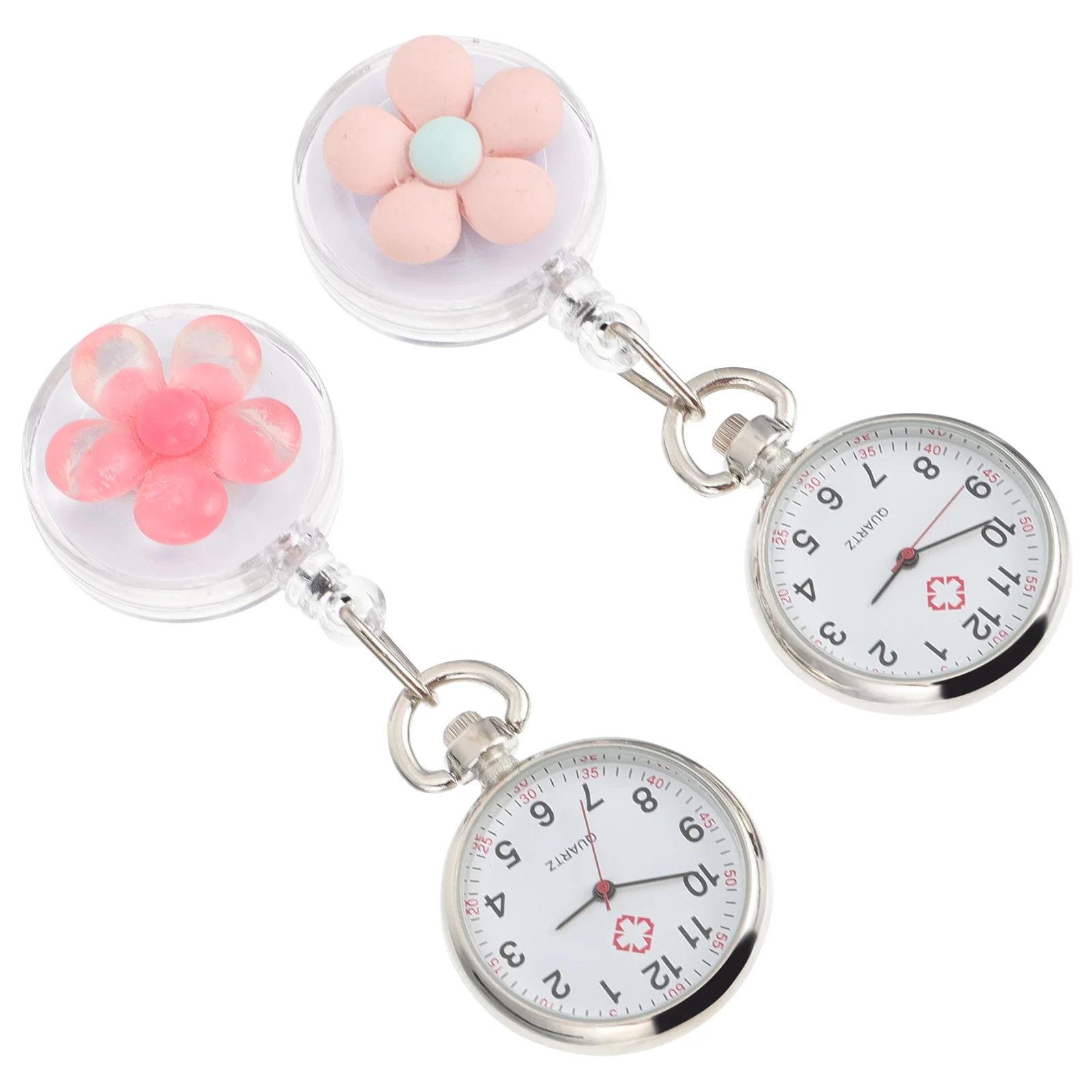 

2Pcs Clip-on Retractable Nurse Watches Flower Pattern Pocket Watches Quartz Movement Hanging Watch Accurate Time for Nurses