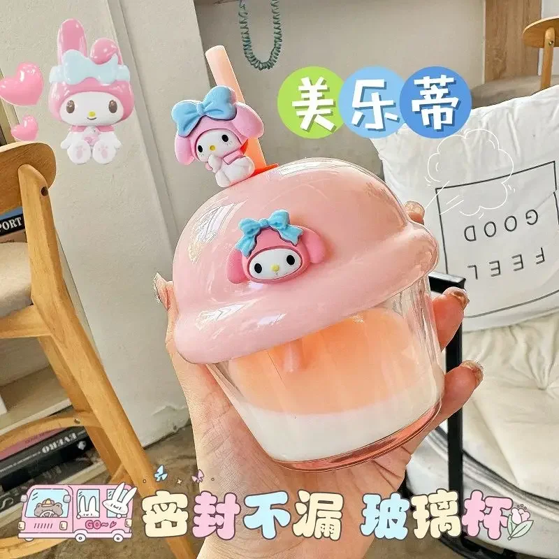 Kuromi My Melody Anime Kawaii Sanrio Straw Glass Water Cup Ins Cute Cartoon PomPomPurin Portable Milk Coffee Bottle Gifts Kids