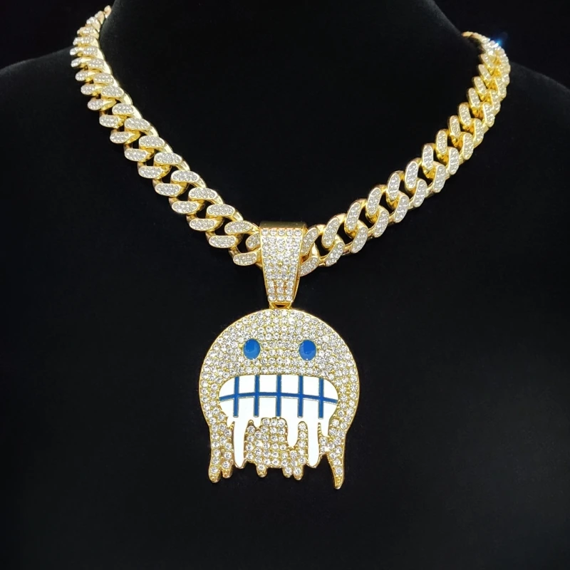 Men Women Hip hop Iced out Bling Emoji Shape Pendant Necklace 13mm Width Cuban Chain Hiphop Necklaces fashion Charm jewelry