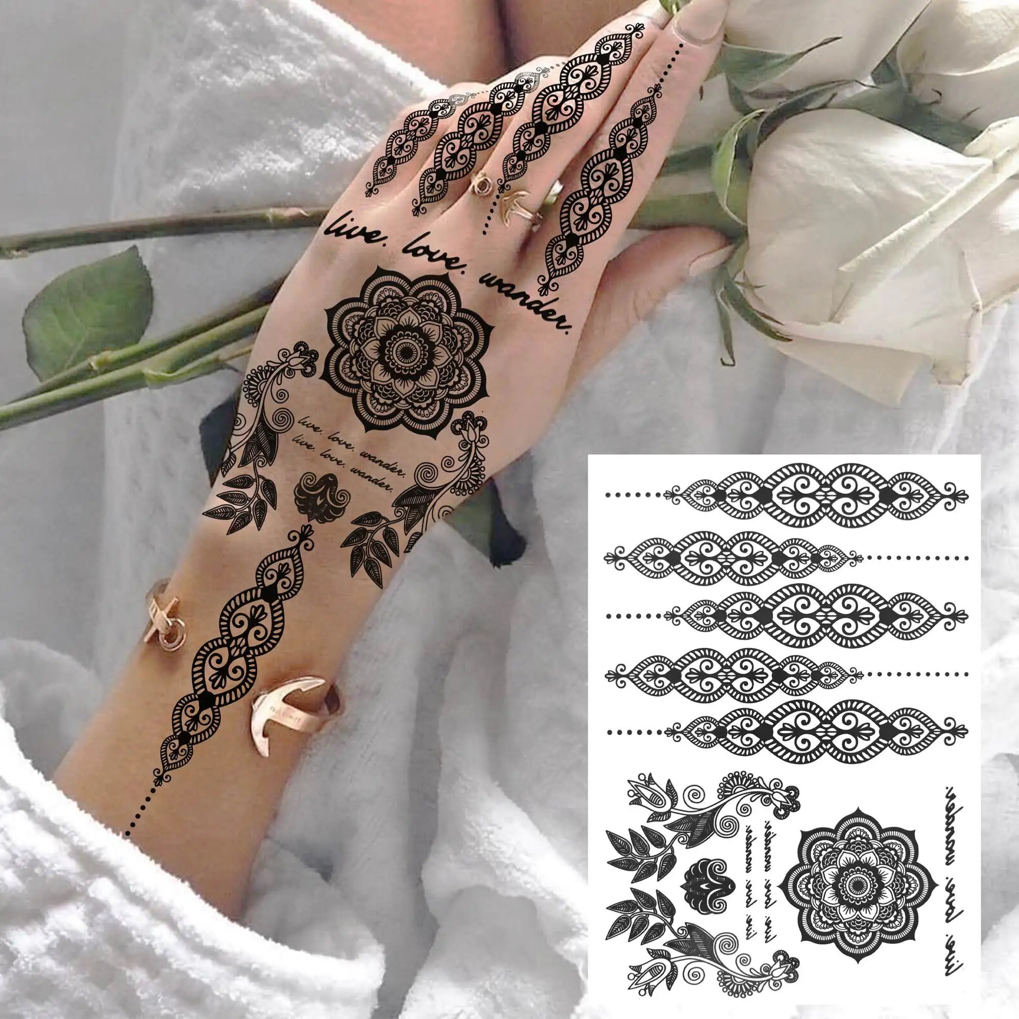 4 枚黒ヘナマンダラフラワーメヘンディ一時的な入れ墨女性大人用フェイク防水ボディアートペインティングタトゥーステッカー