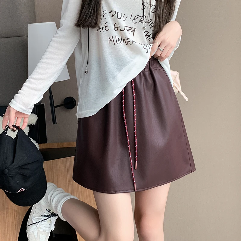 

2024 New Autumn Winter PU Leather Skirts Women Casual Elastic High Waist A-line Mini Skirt Ladies Fashion Wrap Hip Short Skirts