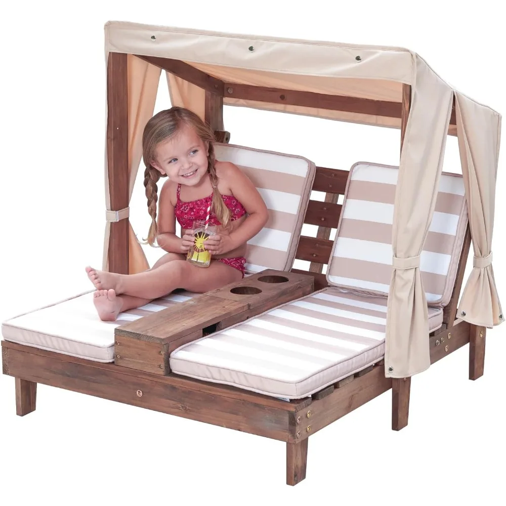 

Espresso and Oatmeal Outdoor Double Chaise Lounge with Cup Holders, Ideal for Kids and Pets Patio Furniture