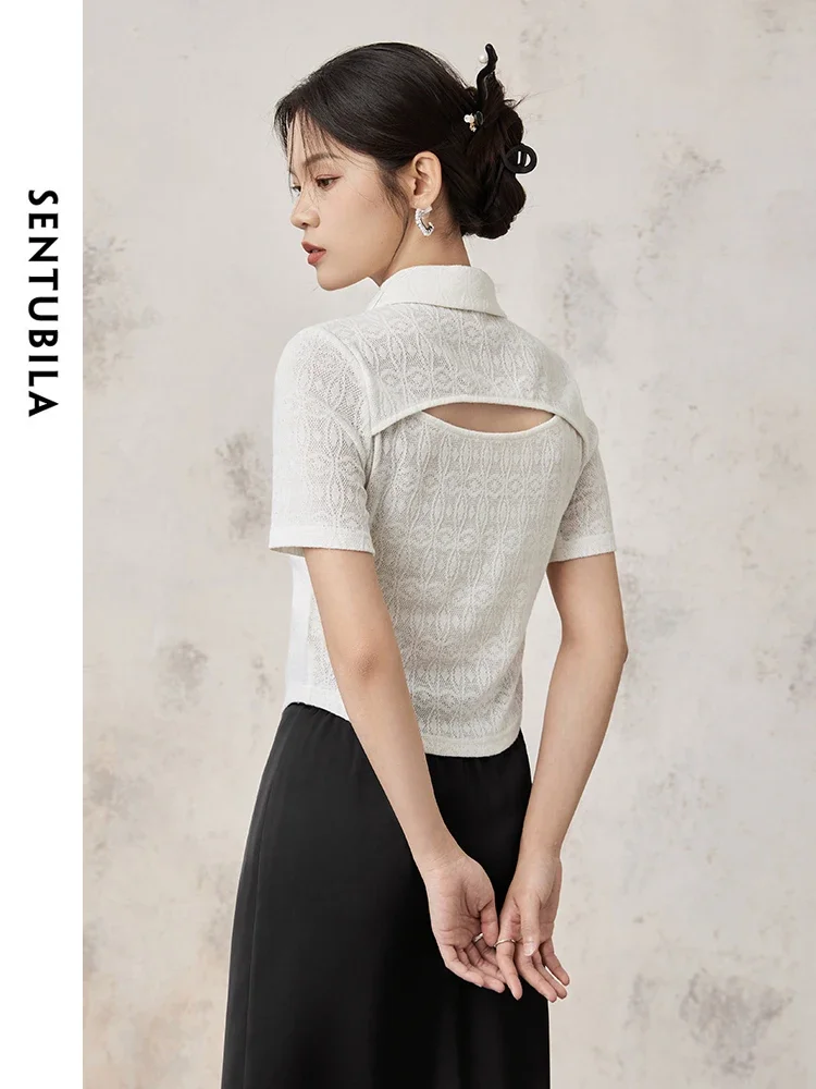 SENTUBILA White Hollow Round Neck Lace Tops For Woman 2025 Summer Chinese Style Polo Collar Split Short Sleeve Blouse 141S53964